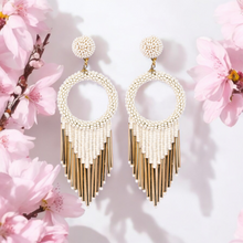 Load image into Gallery viewer, White Beaded Hoop Earrings with Gold Fringe – Elegant Statement Jewellery
