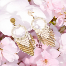 Load image into Gallery viewer, White Beaded Hoop Earrings with Gold Fringe – Elegant Statement Jewellery
