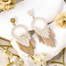 Load image into Gallery viewer, White Beaded Hoop Earrings with Gold Fringe – Elegant Statement Jewellery
