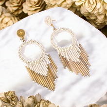 Load image into Gallery viewer, White Beaded Hoop Earrings with Gold Fringe – Elegant Statement Jewellery
