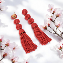 Load image into Gallery viewer, Elegant Red Beaded Tassel Earrings - Statement Jewellery
