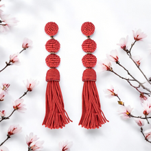 Load image into Gallery viewer, Elegant Red Beaded Tassel Earrings - Statement Jewellery
