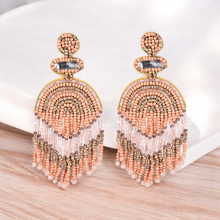 Load image into Gallery viewer, Boho Chic Beaded Dangle Earrings - Peach and Gold Statement Jewellery
