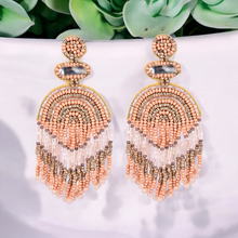 Load image into Gallery viewer, Boho Chic Beaded Dangle Earrings - Peach and Gold Statement Jewellery
