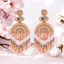 Load image into Gallery viewer, Boho Chic Beaded Dangle Earrings - Peach and Gold Statement Jewellery
