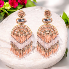 Load image into Gallery viewer, Boho Chic Beaded Dangle Earrings - Peach and Gold Statement Jewellery
