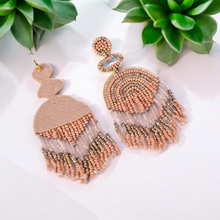 Load image into Gallery viewer, Boho Chic Beaded Dangle Earrings - Peach and Gold Statement Jewellery
