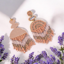 Load image into Gallery viewer, Boho Chic Beaded Dangle Earrings - Peach and Gold Statement Jewellery
