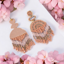 Load image into Gallery viewer, Boho Chic Beaded Dangle Earrings - Peach and Gold Statement Jewellery
