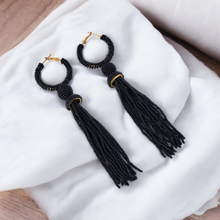 Load image into Gallery viewer, Elegant Black Beaded Hoop Earrings with Tassel Detail
