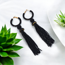 Load image into Gallery viewer, Elegant Black Beaded Hoop Earrings with Tassel Detail
