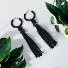 Load image into Gallery viewer, Elegant Black Beaded Hoop Earrings with Tassel Detail
