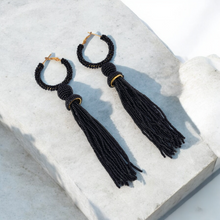 Load image into Gallery viewer, Elegant Black Beaded Hoop Earrings with Tassel Detail
