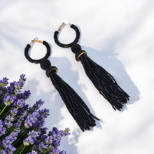 Load image into Gallery viewer, Elegant Black Beaded Hoop Earrings with Tassel Detail
