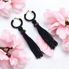 Load image into Gallery viewer, Elegant Black Beaded Hoop Earrings with Tassel Detail
