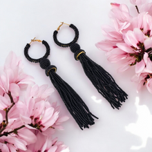 Load image into Gallery viewer, Elegant Black Beaded Hoop Earrings with Tassel Detail
