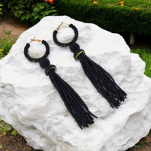 Load image into Gallery viewer, Elegant Black Beaded Hoop Earrings with Tassel Detail
