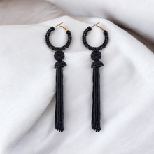 Load image into Gallery viewer, Elegant Black Beaded Hoop Earrings with Tassel Detail
