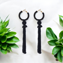 Load image into Gallery viewer, Elegant Black Beaded Hoop Earrings with Tassel Detail
