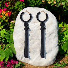 Load image into Gallery viewer, Elegant Black Beaded Hoop Earrings with Tassel Detail
