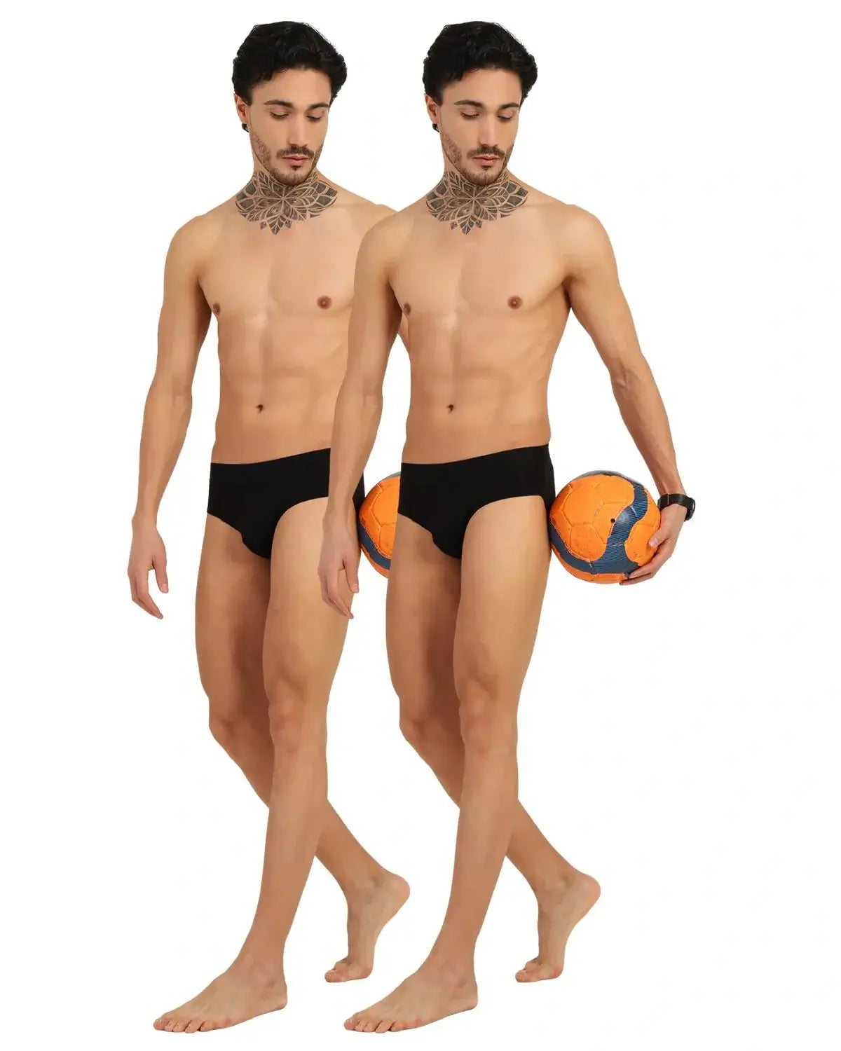 Men's bamboo underwear showcased by model holding a sports ball, highlighting comfort and style.