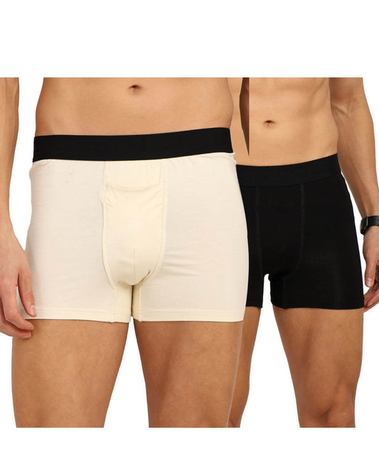 Bamboo men's ultra-soft trunks and boxers in black and cream for ultimate comfort and breathability.