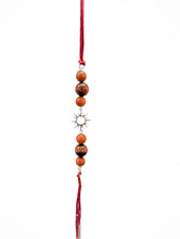 Load image into Gallery viewer, Handmade Sustainable Healing Beads Rakhi | Sunstone &amp; Red Tiger Eye | Sun Charm
