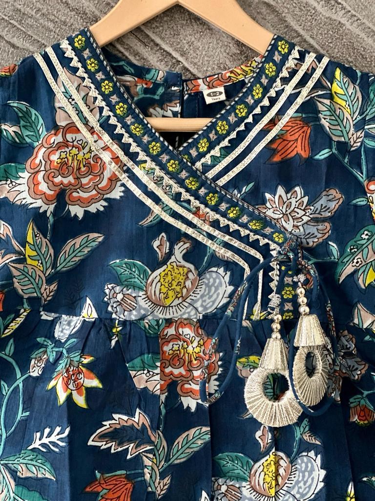 Kid’s Girls Pure Cotton Jaipur Block Printed Indian Ethnic Festive Party Wear Suit Sets | Blue