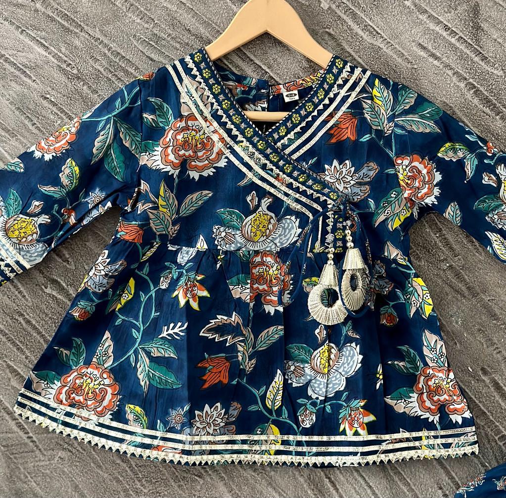 Kid’s Girls Pure Cotton Jaipur Block Printed Indian Ethnic Festive Party Wear Suit Sets | Blue