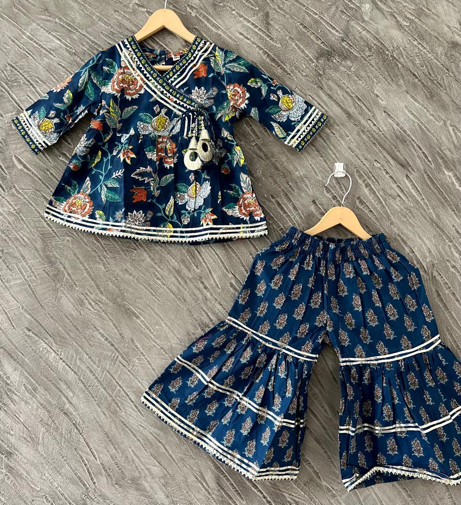 Kid’s Girls Pure Cotton Jaipur Block Printed Indian Ethnic Festive Party Wear Suit Sets | Blue