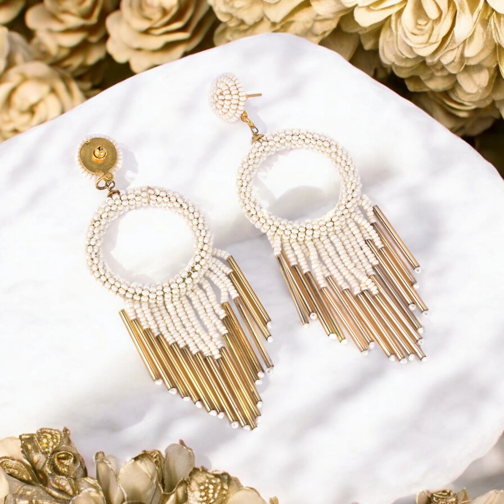 White Beaded Hoop Earrings with Gold Fringe –
