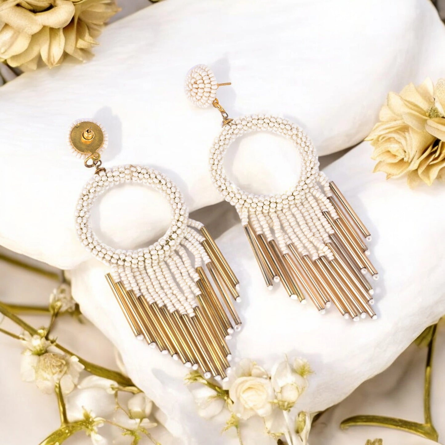 White Beaded Hoop Earrings with Gold Fringe – Elegant Statement Jewellery
