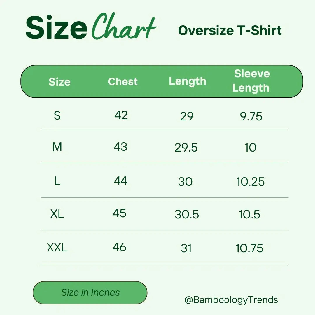 Size chart for oversized bamboo T-shirts including measurements in inches for S, M, L, XL, and XXL.