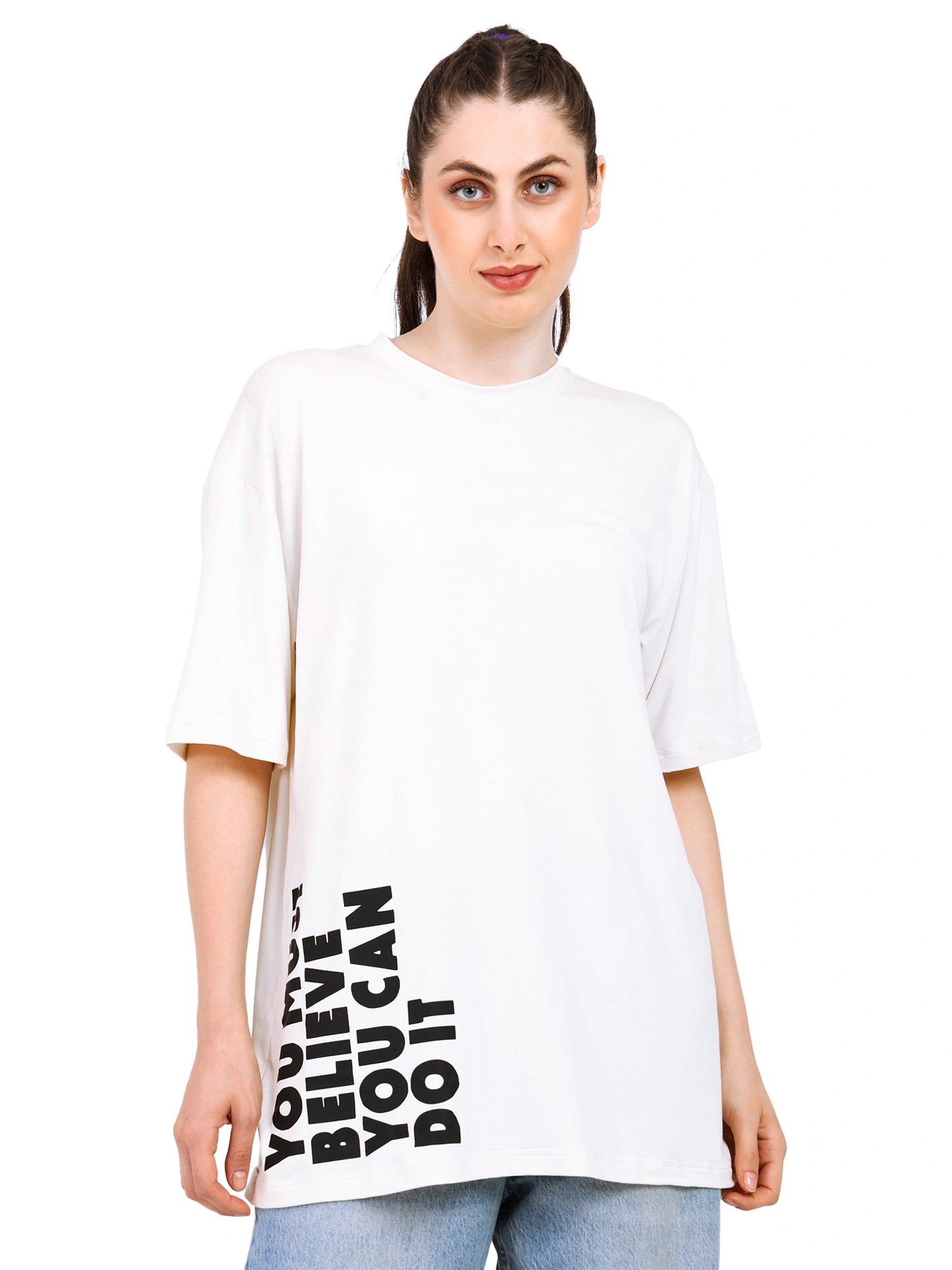 Women oversized bamboo t-shirt in white with motivational text, showcasing breathability and sustainable style.