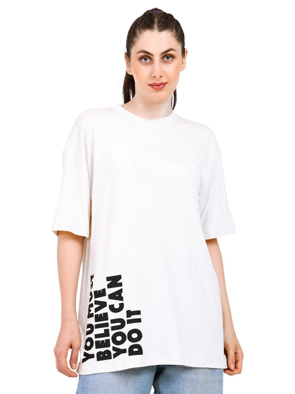 Women oversized bamboo t-shirt in white with motivational text, showcasing breathability and sustainable style.