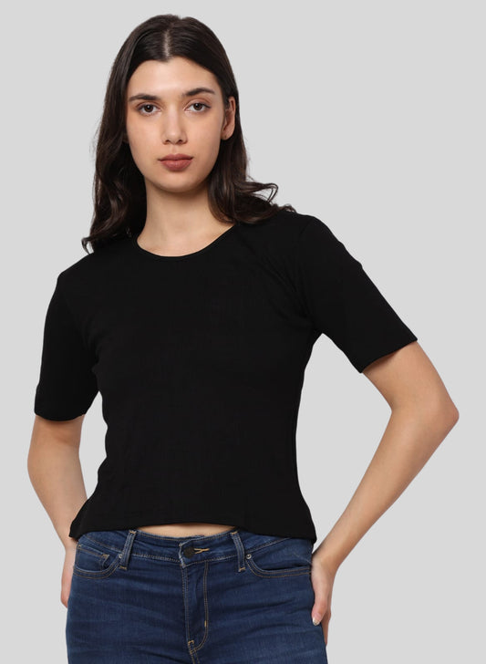 Black Bamboo Rib Half-Sleeve Top for Girls