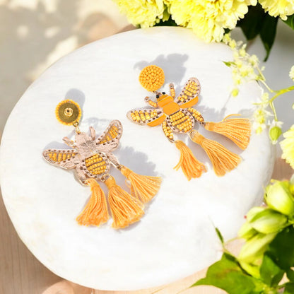 Yellow Beaded Bee Tassel Earrings