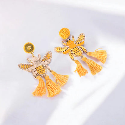 Yellow Beaded Bee Earrings with Tassel Accents – Statement Jewelry for a Bold Look