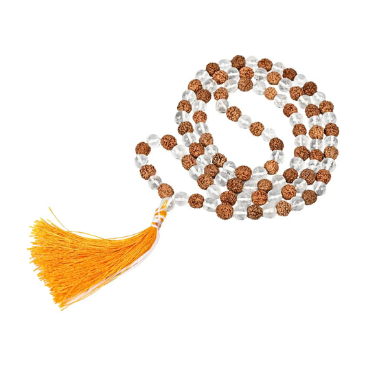 Clear Quartz & Rudraksha mala with orange tassel, perfect for meditation and spiritual energy.