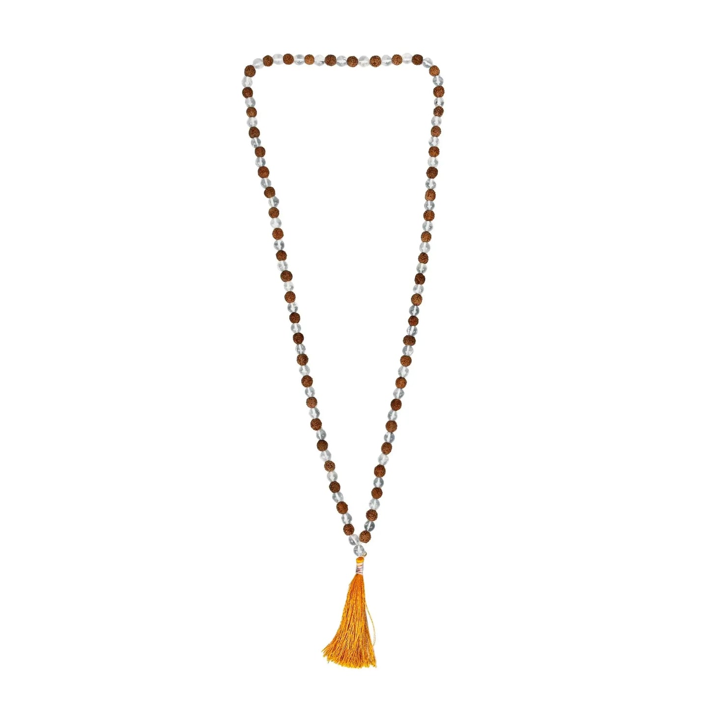 Certified Clear Quartz and Rudraksha mala necklace for meditation and spiritual protection with orange tassel.