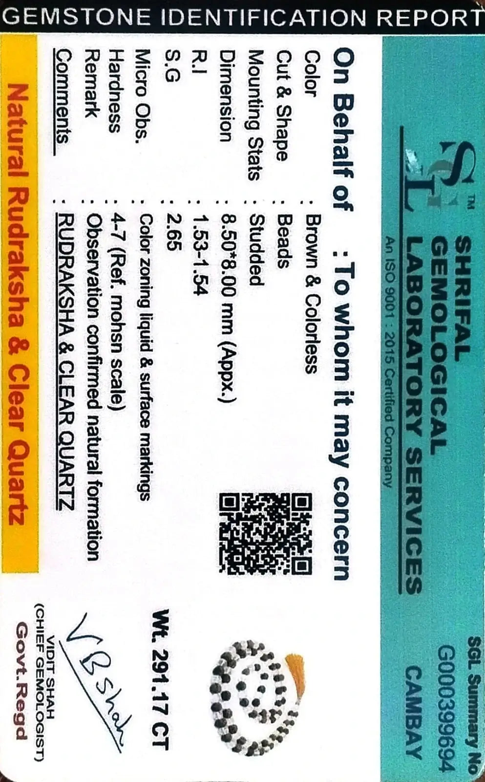 Gemstone identification report for natural Rudraksha and Clear Quartz, detailing color, dimensions, and certification.