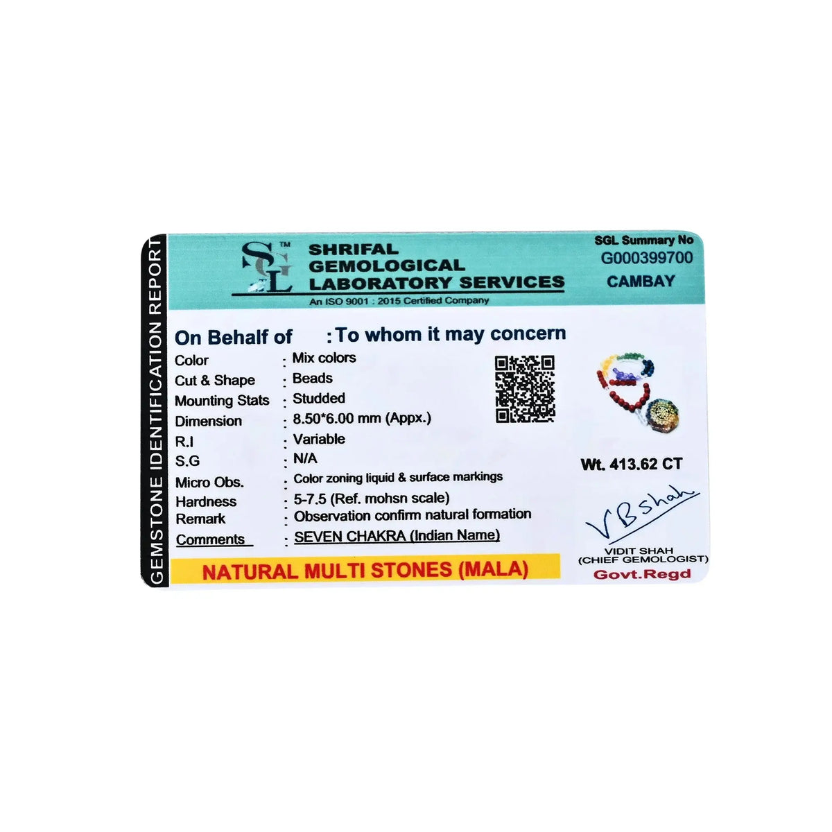 Gemstone identification report for Seven Chakra Healing Crystal Mala featuring color, cut, and quality details.