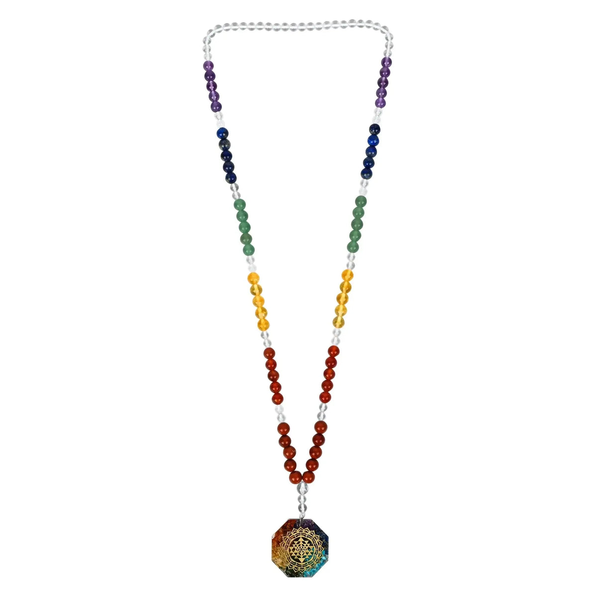 Seven Chakra Healing Crystal Mala with colorful beads for meditation and energy alignment.