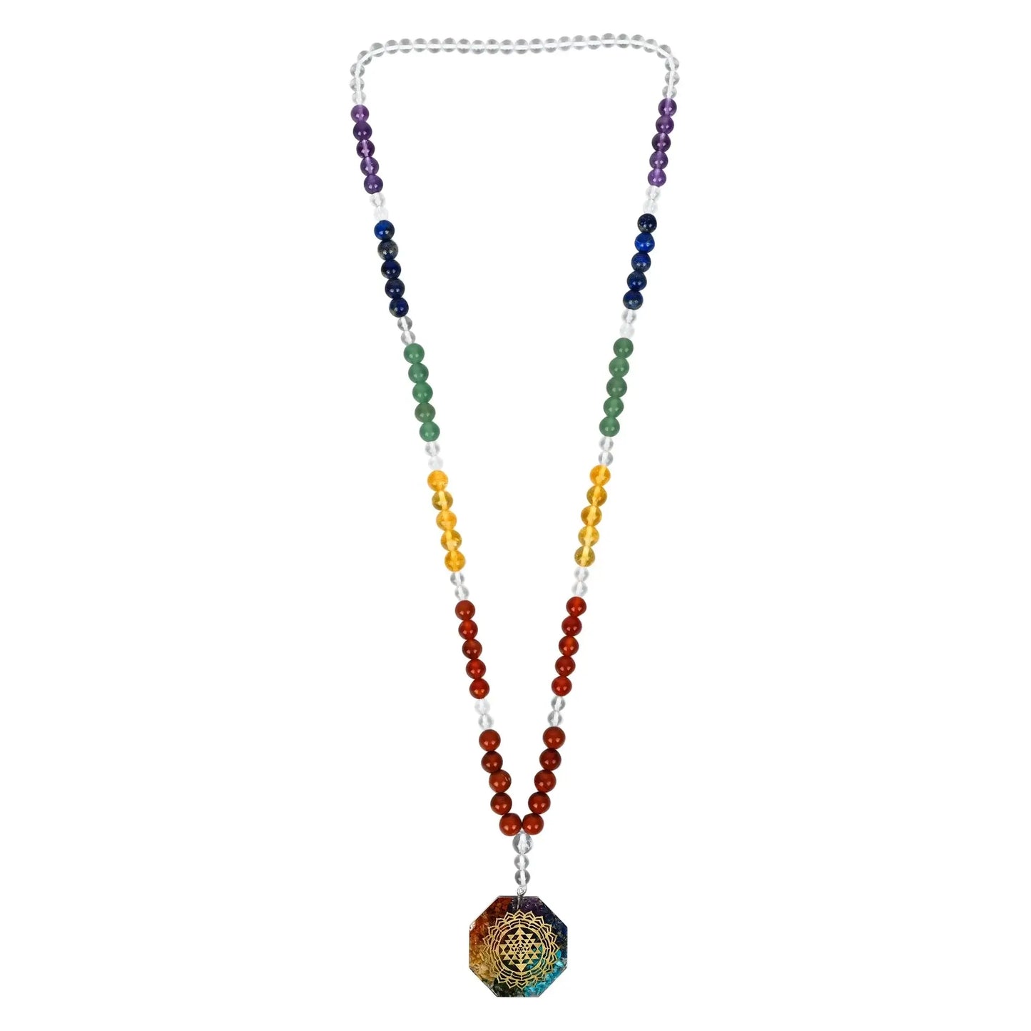 Seven Chakra Healing Crystal Mala with colorful beads for meditation and energy alignment.
