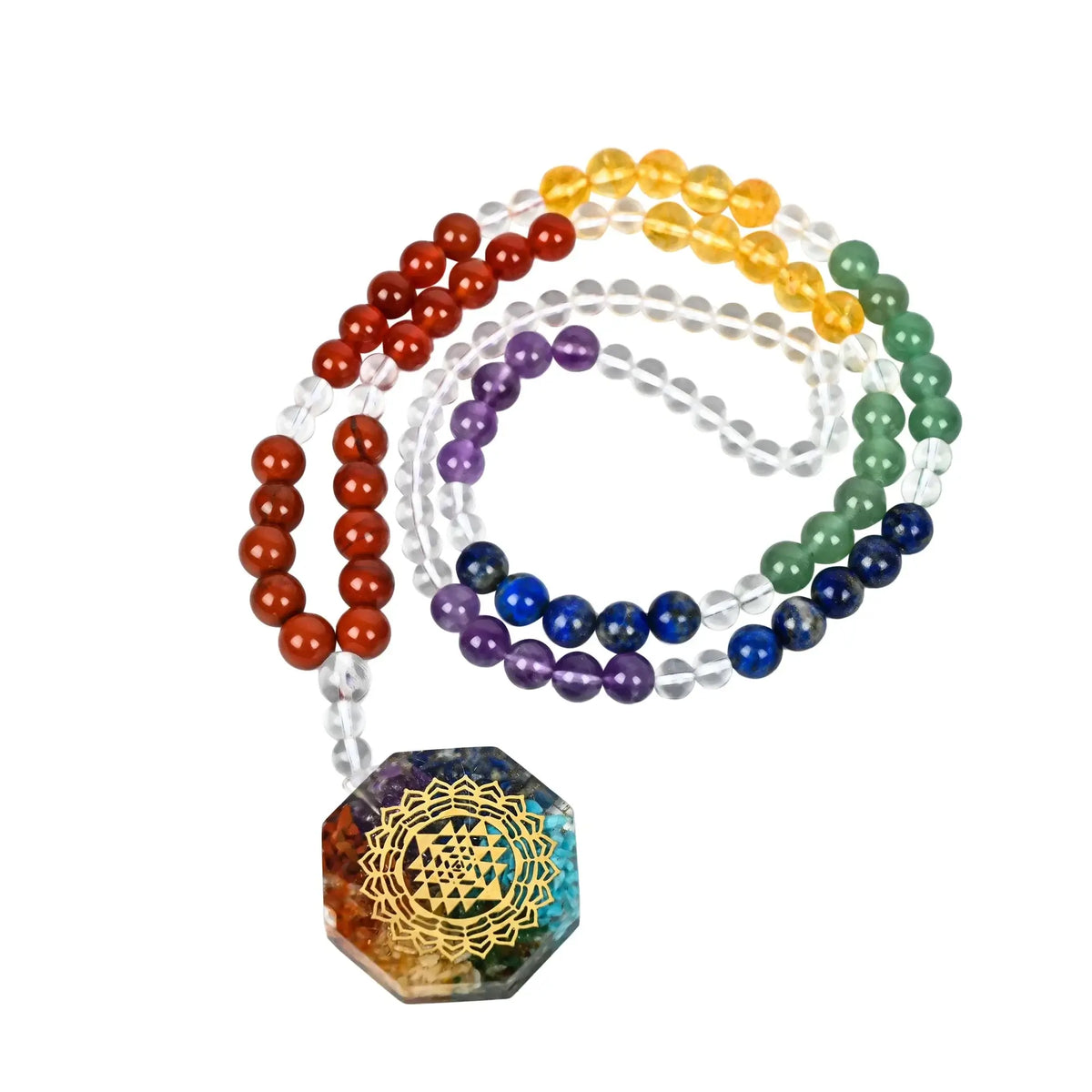 Certified Seven Chakra Healing Crystal Mala with colorful beads for meditation and energy alignment.