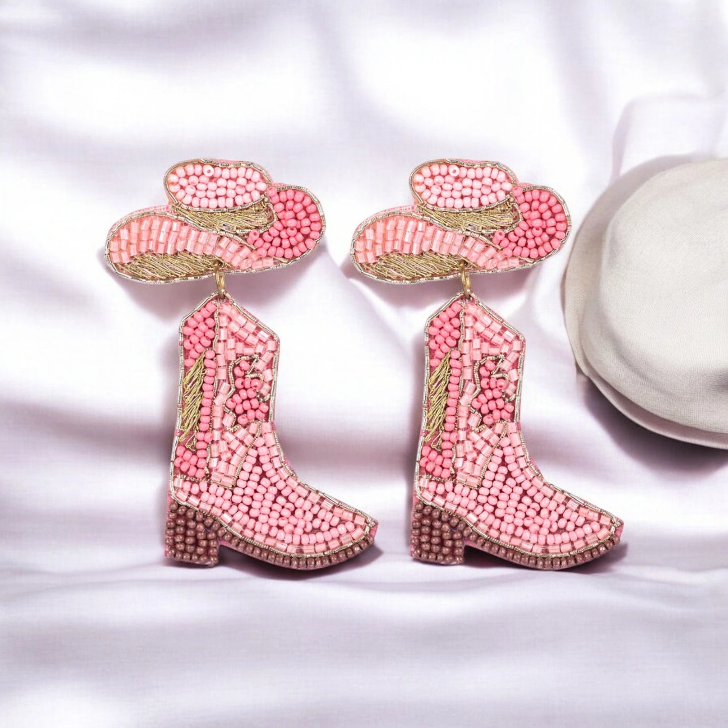 Pink Beaded Cowboy Boot and Hat Statement Earrings