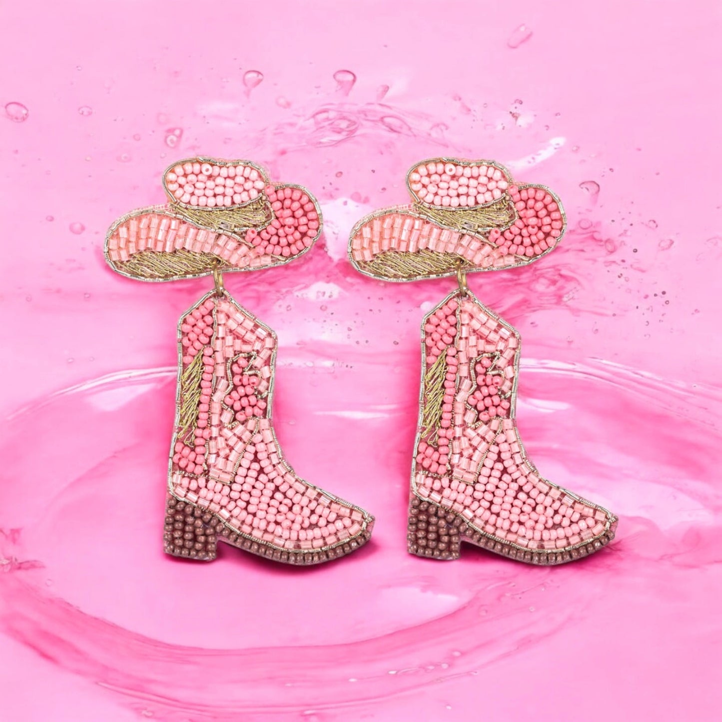 Pink Beaded Cowboy Boot and Hat Statement Earrings