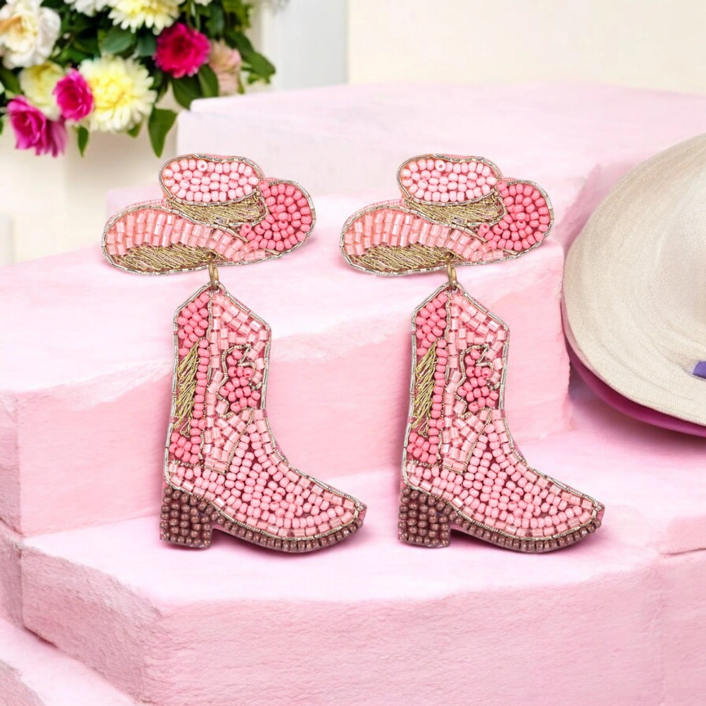 Pink Beaded Cowboy Boot and Hat Statement Earrings