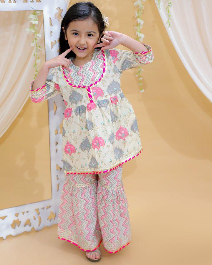 Kid’s Girls Pure Cotton Jaipur Block Printed Indian Ethnic Festive Party Wear Suit Sets | Pink
