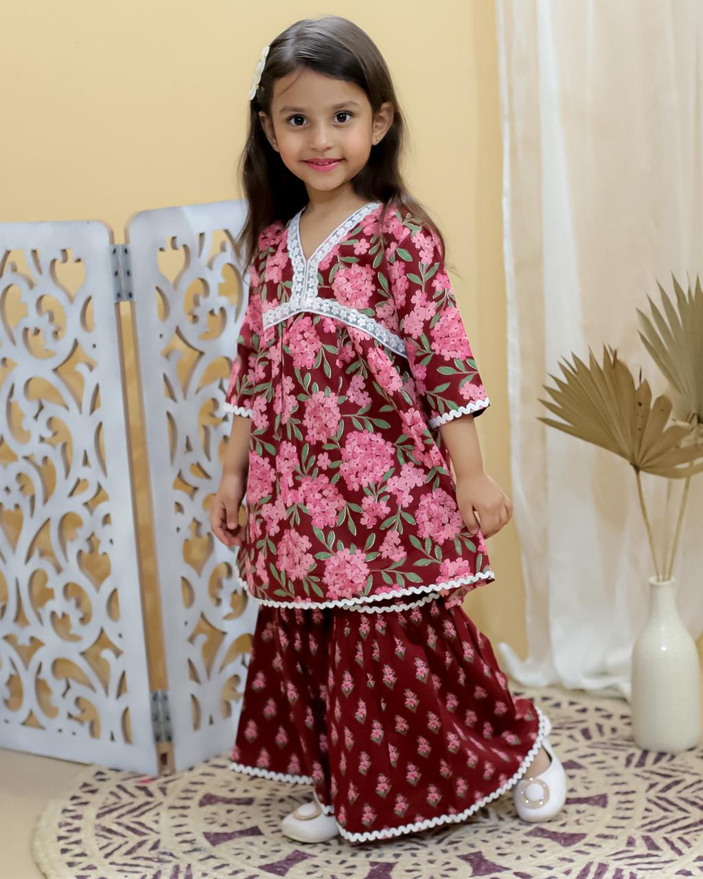 Kid’s Girls Pure Cotton Jaipur Block Printed Indian Ethnic Festive Party Wear Suit Sets | Red